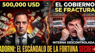 Manuel Adorni rodeado de lluvia de dólares y billetera, junto a un Javier Milei desesperado frente a protestas sociales por hambre y ajuste. Escándalo por la fortuna secreta en el Gobierno.