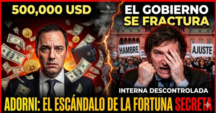 Manuel Adorni rodeado de lluvia de dólares y billetera, junto a un Javier Milei desesperado frente a protestas sociales por hambre y ajuste. Escándalo por la fortuna secreta en el Gobierno.