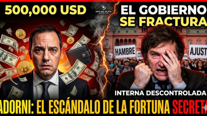 Manuel Adorni rodeado de lluvia de dólares y billetera, junto a un Javier Milei desesperado frente a protestas sociales por hambre y ajuste. Escándalo por la fortuna secreta en el Gobierno.