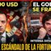Manuel Adorni rodeado de lluvia de dólares y billetera, junto a un Javier Milei desesperado frente a protestas sociales por hambre y ajuste. Escándalo por la fortuna secreta en el Gobierno.
