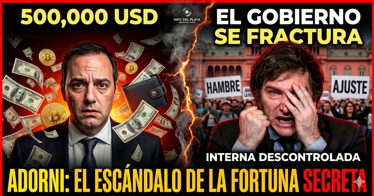 Manuel Adorni rodeado de lluvia de dólares y billetera, junto a un Javier Milei desesperado frente a protestas sociales por hambre y ajuste. Escándalo por la fortuna secreta en el Gobierno.