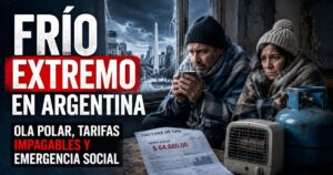 Dos adultos argentinos abrigados dentro de una vivienda humilde durante una ola polar, junto a una garrafa y una factura de gas impagable, en una imagen que refleja el frío extremo y la emergencia social en Argentina.