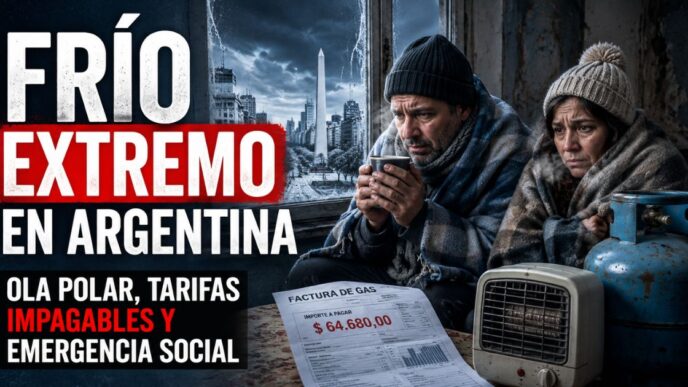 Dos adultos argentinos abrigados dentro de una vivienda humilde durante una ola polar, junto a una garrafa y una factura de gas impagable, en una imagen que refleja el frío extremo y la emergencia social en Argentina.