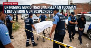 Operativo policial y emergencias en Tucumán tras la muerte de un hombre por un golpe en una discusión en Villa Carmela, con el sospechoso detenido en la escena.