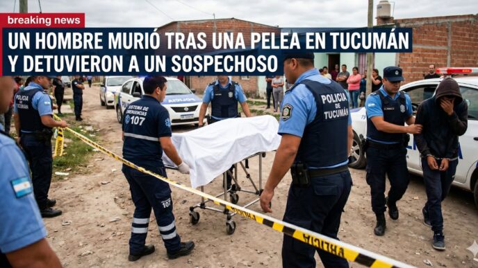 Operativo policial y emergencias en Tucumán tras la muerte de un hombre por un golpe en una discusión en Villa Carmela, con el sospechoso detenido en la escena.