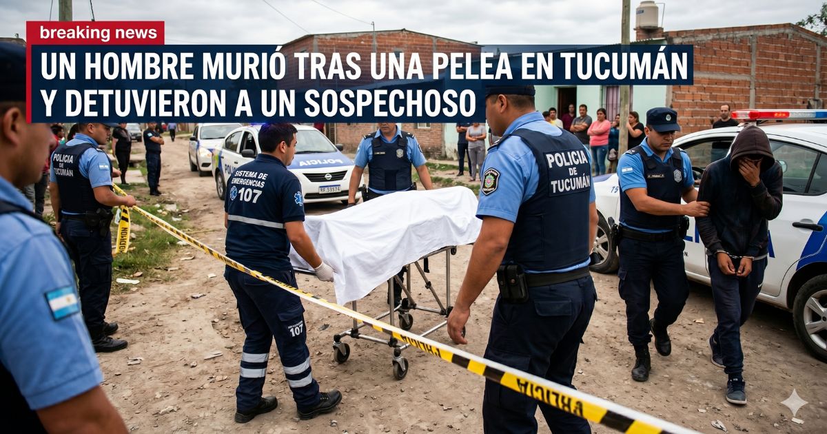 Operativo policial y emergencias en Tucumán tras la muerte de un hombre por un golpe en una discusión en Villa Carmela, con el sospechoso detenido en la escena.