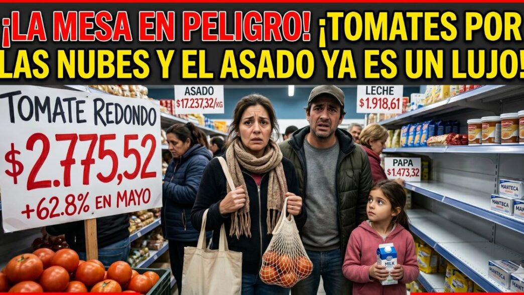 Familia trabajadora angustiada en el supermercado frente a los precios inalcanzables. El tomate aumentó casi 63% por el brutal ajuste del gobierno de Milei.