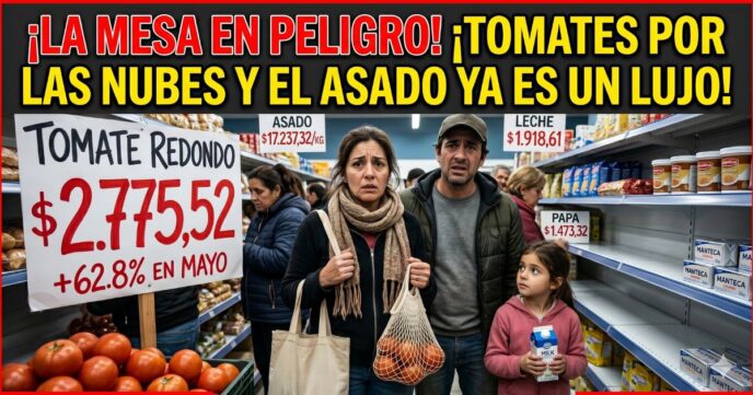 Familia trabajadora angustiada en el supermercado frente a los precios inalcanzables. El tomate aumentó casi 63% por el brutal ajuste del gobierno de Milei.