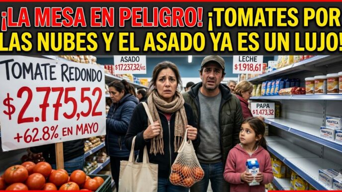 Familia trabajadora angustiada en el supermercado frente a los precios inalcanzables. El tomate aumentó casi 63% por el brutal ajuste del gobierno de Milei.