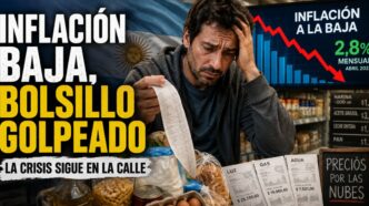 Hombre preocupado revisa un ticket de supermercado y facturas de servicios mientras la inflación baja, pero el bolsillo sigue golpeado en Argentina.