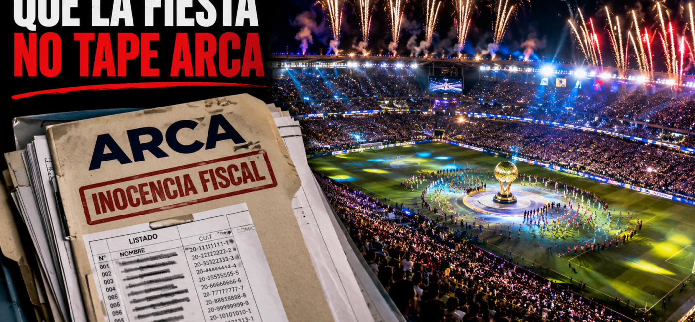 Fiesta inaugural del Mundial 2026 en un estadio repleto, junto a una carpeta de ARCA con la inscripción Inocencia Fiscal.