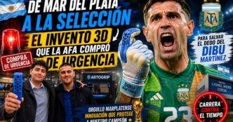 Emiliano Dibu Martínez mostrando el revolucionario invento 3D comprado de urgencia por la AFA para tratar la lesión en su dedo antes del Mundial.