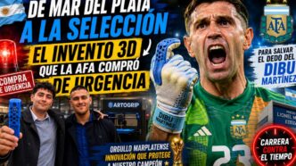 Emiliano Dibu Martínez mostrando el revolucionario invento 3D comprado de urgencia por la AFA para tratar la lesión en su dedo antes del Mundial.