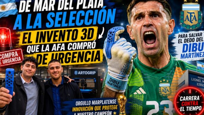 Emiliano Dibu Martínez mostrando el revolucionario invento 3D comprado de urgencia por la AFA para tratar la lesión en su dedo antes del Mundial.