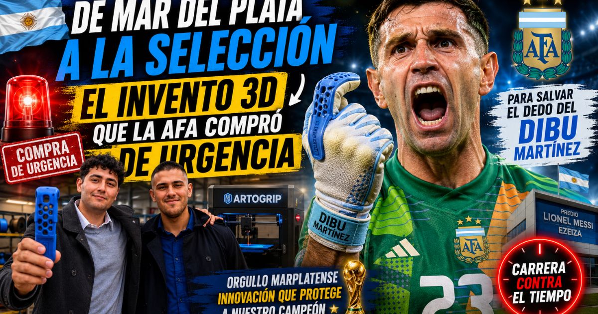 Emiliano Dibu Martínez mostrando el revolucionario invento 3D comprado de urgencia por la AFA para tratar la lesión en su dedo antes del Mundial.
