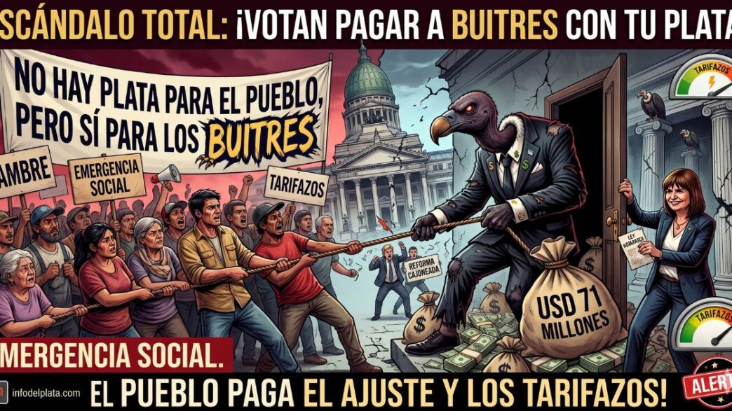 Ilustración del pueblo argentino luchando contra un buitre gigante que representa a los holdouts llevándose dólares del Senado, mientras el gobierno libertario avala tarifazos en medio de la emergencia social.