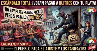 Ilustración del pueblo argentino luchando contra un buitre gigante que representa a los holdouts llevándose dólares del Senado, mientras el gobierno libertario avala tarifazos en medio de la emergencia social.
