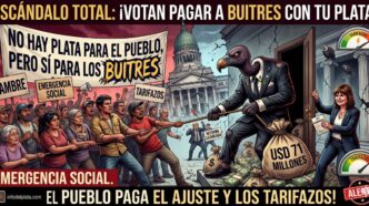 Ilustración del pueblo argentino luchando contra un buitre gigante que representa a los holdouts llevándose dólares del Senado, mientras el gobierno libertario avala tarifazos en medio de la emergencia social.