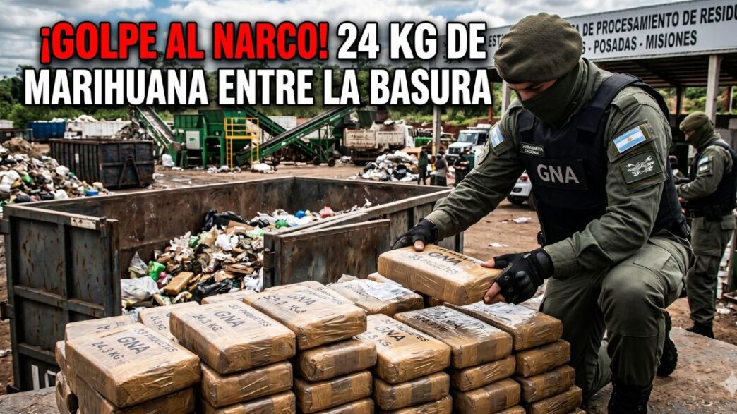 Gendarmería Nacional incautando 24 kilos de marihuana escondidos en un contenedor de basura en Misiones. Impactante golpe al narcotráfico.