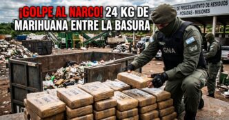 Gendarmería Nacional incautando 24 kilos de marihuana escondidos en un contenedor de basura en Misiones. Impactante golpe al narcotráfico.