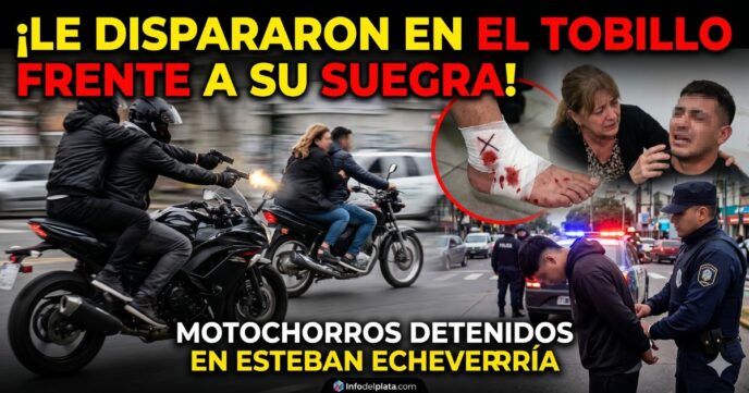 Ataque de motochorros armados en Esteban Echeverría disparando a un hombre para robarle la moto frente a su suegra, con víctima herida y posterior detención policial.