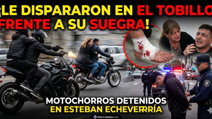 Ataque de motochorros armados en Esteban Echeverría disparando a un hombre para robarle la moto frente a su suegra, con víctima herida y posterior detención policial.