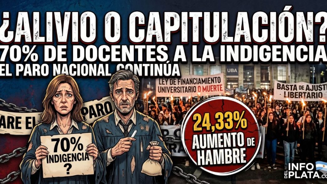 Imagen de protesta universitaria masiva defendiendo la educación pública nacional frente al brutal ajuste del gobierno libertario que condena a la indigencia a docentes. Un profesor sostiene un cartel desgarrador que dice '70% INDIGENCIA', reclamando por salarios dignos en medio de la emergencia universitaria y el paro nacional docente que vacía las facultades en defensa del futuro de la patria.