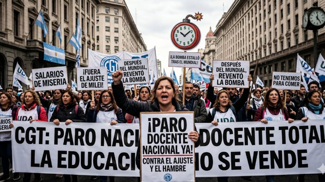 Multitudinaria protesta de la CGT anunciando el paro nacional docente contra el hambre y el ajuste de Milei.