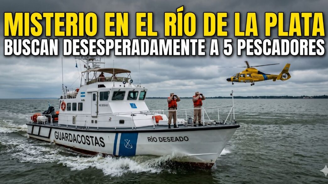 Operativo de Prefectura Naval con guardacostas y helicóptero buscando a los cinco pescadores desaparecidos en el Río de la Plata.