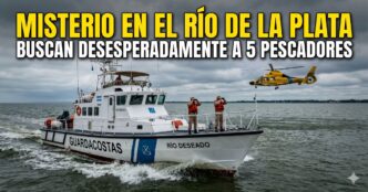 Operativo de Prefectura Naval con guardacostas y helicóptero buscando a los cinco pescadores desaparecidos en el Río de la Plata.