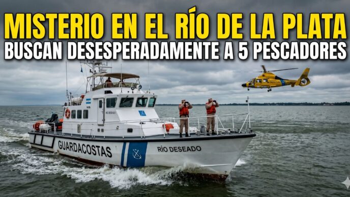 Operativo de Prefectura Naval con guardacostas y helicóptero buscando a los cinco pescadores desaparecidos en el Río de la Plata.