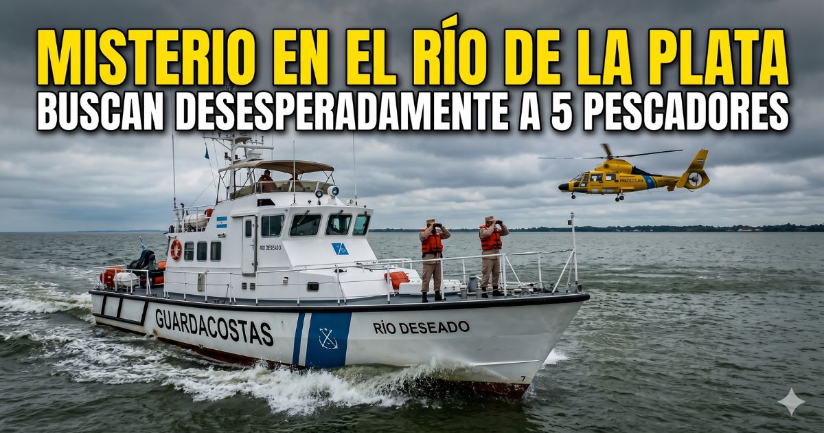 Operativo de Prefectura Naval con guardacostas y helicóptero buscando a los cinco pescadores desaparecidos en el Río de la Plata.