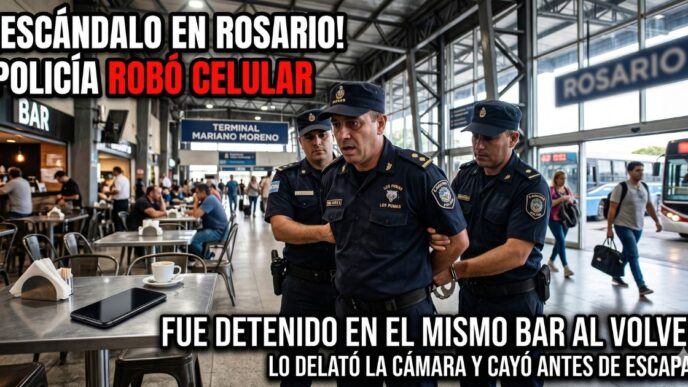 Cámara de seguridad capta a un policía que robó celular en Rosario dentro de un bar de la Terminal Mariano Moreno.