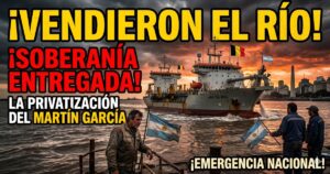 Barco extranjero tomando el control del Río de la Plata tras la privatización del Canal Martín García. Trabajadores argentinos defienden la soberanía nacional ante la entrega de recursos del Gobierno.
