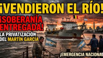 Barco extranjero tomando el control del Río de la Plata tras la privatización del Canal Martín García. Trabajadores argentinos defienden la soberanía nacional ante la entrega de recursos del Gobierno.