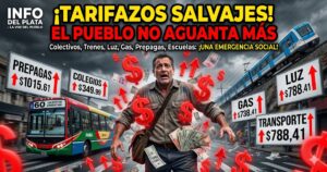 Hombre desesperado rodeado de carteles por los tarifazos en junio aplicados por el gobierno de Milei en transporte, luz, gas y prepagas.