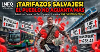 Hombre desesperado rodeado de carteles por los tarifazos en junio aplicados por el gobierno de Milei en transporte, luz, gas y prepagas.