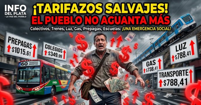 Hombre desesperado rodeado de carteles por los tarifazos en junio aplicados por el gobierno de Milei en transporte, luz, gas y prepagas.