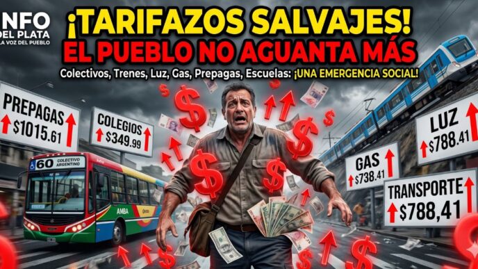 Hombre desesperado rodeado de carteles por los tarifazos en junio aplicados por el gobierno de Milei en transporte, luz, gas y prepagas.