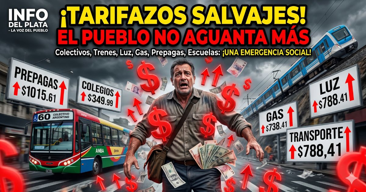 Hombre desesperado rodeado de carteles por los tarifazos en junio aplicados por el gobierno de Milei en transporte, luz, gas y prepagas.