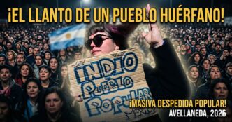 Multitud desconsolada en el velatorio masivo del Indio Solari en Avellaneda. Miles de argentinos lloran al ídolo popular con banderas y carteles, evidenciando la tristeza de un pueblo frente al desprecio y la insensibilidad del gobierno de Javier Milei.