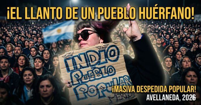 Multitud desconsolada en el velatorio masivo del Indio Solari en Avellaneda. Miles de argentinos lloran al ídolo popular con banderas y carteles, evidenciando la tristeza de un pueblo frente al desprecio y la insensibilidad del gobierno de Javier Milei.