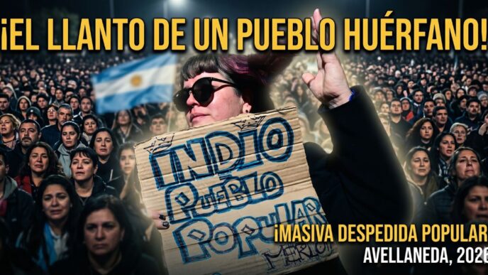 Multitud desconsolada en el velatorio masivo del Indio Solari en Avellaneda. Miles de argentinos lloran al ídolo popular con banderas y carteles, evidenciando la tristeza de un pueblo frente al desprecio y la insensibilidad del gobierno de Javier Milei.