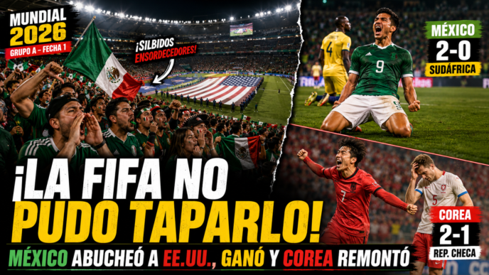 Hinchas de México abuchean la bandera de Estados Unidos durante el Mundial 2026, junto a los triunfos de México y Corea del Sur.