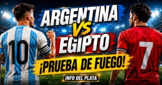 Miniatura viral de Argentina frente a Egipto con dos futbolistas de espaldas en un estadio iluminado y el título Prueba de Fuego.