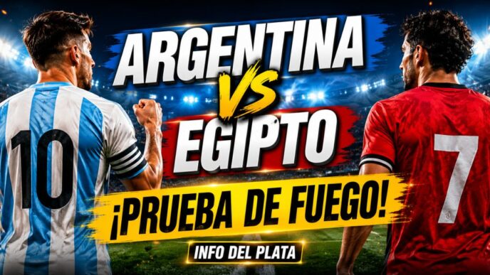 Miniatura viral de Argentina frente a Egipto con dos futbolistas de espaldas en un estadio iluminado y el título Prueba de Fuego.