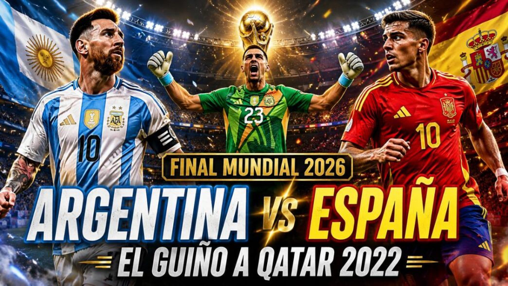 Argentina vs España en la final del Mundial 2026, con la Selección Argentina de celeste y blanco y el Dibu Martínez vestido de verde.