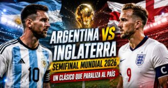 Argentina vs Inglaterra en la semifinal del Mundial 2026, con dos futbolistas frente a frente en un estadio y el mensaje “Un clásico que paraliza al país”.
