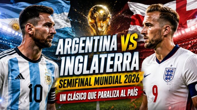 Argentina vs Inglaterra en la semifinal del Mundial 2026, con dos futbolistas frente a frente en un estadio y el mensaje “Un clásico que paraliza al país”.
