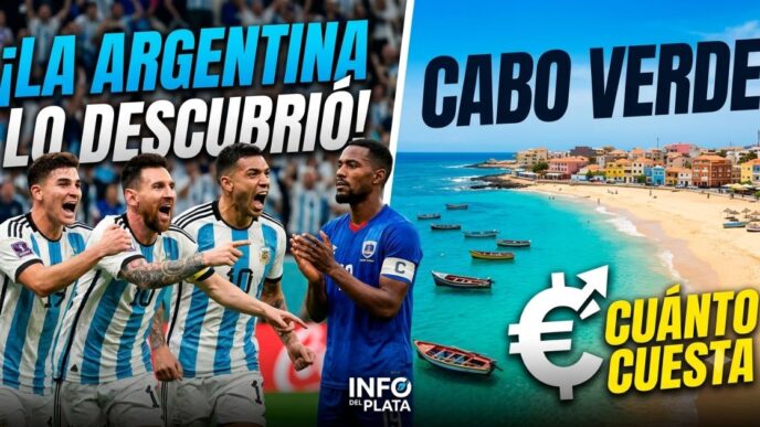 Jugadores de la Selección Argentina festejando y playas paradisíacas de Cabo Verde con información de precios de turismo tras el Mundial 2026.